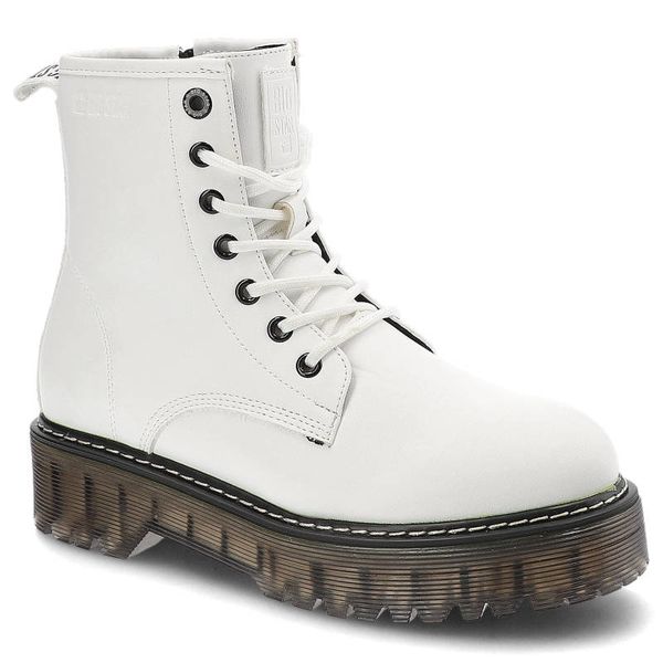 Glany damskie Big Star, cholewka ze skóry ekologicznej z wysoką formą i klasycznym sznurowaniem, KK274536,. Białe botki Big Star, ze skóry ekologicznej, bez obcasa, na płaskiej podeszwie, bez zapięcia. Za 219,00 zł.