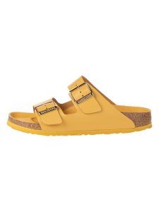 Birkenstock Skórzane klapki w kolorze żółtym rozmiar: 37. Żółte klapki Birkenstock, bez wzorów, z otwartym noskiem, bez obcasa. Za 429,95 zł.
