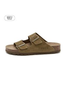 Teegu Skórzane klapki w kolorze khaki rozmiar: 36. Brązowe klapki teegu, bez wzorów, z otwartym noskiem, bez obcasa. Za 130,99 zł.