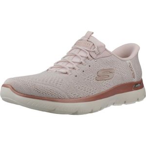 Buty SKECHERS SLIP - INS ARCH FIT SUMMITS SOFT Rose. Czerwone buty trekkingowe Skechers, z tkaniny, bez zapięcia. Za 388,99 zł.