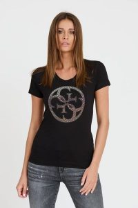 GUESS Czarny t-shirt 4G LOGO TEE. Czarne t-shirty Guess, s, z aplikacjami, bez kołnierzyka, bez ramiączek. W wyprzedaży za 170,99 zł.