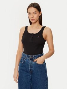 Tommy Jeans Top DW0DW19492 Czarny Slim Fit. Czarne topy Tommy Jeans, m, bez wzorów, z bawełny, bez kołnierzyka, bez ramiączek. Za 99,99 zł.