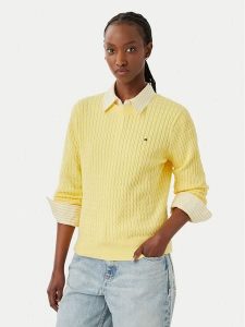 Tommy Hilfiger Sweter Fine WW0WW44993 Żółty jasny Regular Fit. Żółte swetry klasyczne TOMMY HILFIGER, s, z bawełny, bez kołnierzyka. Za 529,99 zł.
