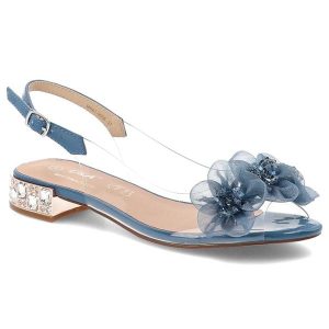 Sandały damskie S.Barski, z transparentnym paskiem ozdobne kwiaty pasek z regulacją niski obcas elegancki styl, niebieskie, MR61-9006. Niebieskie sandały S.BARSKI, z aplikacjami, bez obcasa, na obcasie, bez zapięcia. Za 199,00 zł.