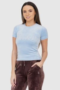 JUICY COUTURE Błękitny welurowy t-shirt z błyszczącym logo. Niebieskie t-shirty Juicy Couture, s, bez wzorów, z weluru, bez kołnierzyka, bez ramiączek. W wyprzedaży za 169,99 zł.