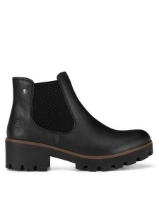 Rieker Botki 79265-02 Czarny. Czarne botki Rieker, bez wzorów, ze skóry, bez obcasa, na słupku, bez zapięcia. Za 303,00 zł.