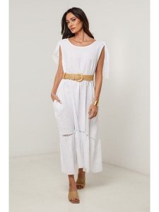 Le Monde du Lin Lniana sukienka w kolorze białym rozmiar: 36/38. Białe sukienki Le Monde du Lin, bez wzorów, ze lnu, bez kołnierzyka, bez ramiączek, maxi. Za 173,99 zł.