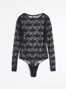 Koronkowe body z długim rękawem - czarny. Czarne body i gorsety Sinsay, bez wzorów, z koronki. Za 39,99 zł.