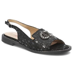 Sandały damskie S. Barski, skórzane zamszowe we wzorki z ozdobą na płaskim obcasie, czarne, KV51-096. Czarne sandały S.BARSKI, z aplikacjami, ze skóry, bez obcasa, na płaskiej podeszwie, bez zapięcia. Za 149,00 zł.