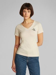 CALVIN KLEIN JEANS Koszulka w kolorze kremowym rozmiar: XXL. Brązowe bluzki Calvin Klein Jeans, xxl, bez wzorów, z bawełny, bez kołnierzyka, bez ramiączek. Za 131,74 zł.