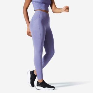 Legginsy fitness damskie Domyos 520. Fioletowe legginsy DOMYOS, bez wzorów, z bawełny, z podwyższonym stanem, długie. Za 59,99 zł.