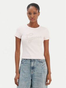 Guess T-Shirt W6RI22 KA0H1 Różowy Slim Fit. Czerwone t-shirty Guess, xs, z aplikacjami, z bawełny, bez kołnierzyka, bez ramiączek. Za 179,99 zł.