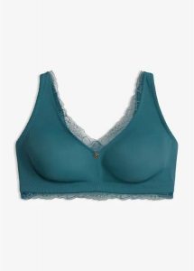 Braletka minimizer bez fiszbinów z delikatną koronką. Niebieskie biustonosze bonprix, bez wzorów, z koronki. Za 79,99 zł.