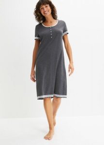 Koszula nocna z plisą guzikową i subtelną koronką. Szare koszule nocne bonprix, bez wzorów, z koronki, bez ramiączek. Za 64,99 zł.