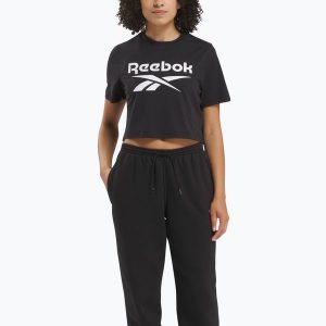 Koszulka Reebok Identity Big Logo Crop Tee. Czarne bluzki REEBOK FITNESS, bez wzorów, sportowe, bez kołnierzyka, bez ramiączek. Za 69,99 zł.