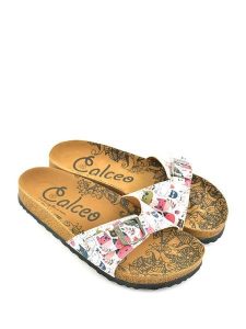 Calceo Klapki w kolorze białym ze wzorem rozmiar: 39. Białe klapki Calceo, bez wzorów, z materiału, z otwartym noskiem, bez obcasa. Za 162,11 zł.