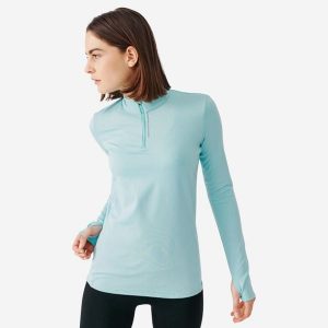 Bluza do biegania damska Kiprun Run 100 Warm ocieplana. Niebieskie bluzy KALENJI, l, bez wzorów, z dzianiny, bez kaptura. Za 59,99 zł.