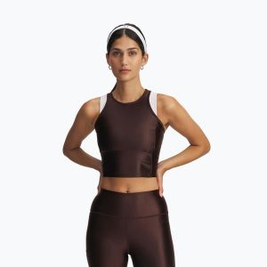Top treningowy damski Under Armour Motion Shine Tank kona brown/black. Brązowe topy Under Armour, bez wzorów, bez kołnierzyka, bez ramiączek. Za 88,99 zł.