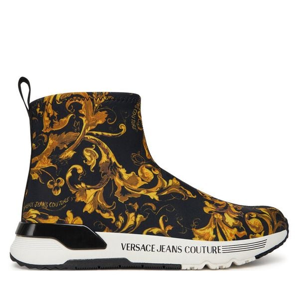 Botki Versace Jeans Couture. Czarne botki Versace Jeans Couture, bez wzorów, z jeansu, bez obcasa, na płaskiej podeszwie, bez zapięcia. Za 389,99 zł.