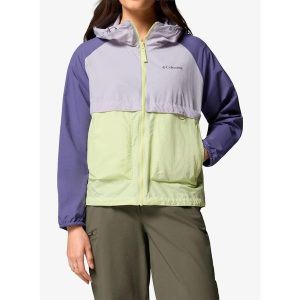 Kurtka przeciwwiatrowa damska Columbia Spire Valley Windbreaker. Fioletowe kurtki Columbia, bez wzorów, z softshellu, bez kaptura. Za 296,99 zł.