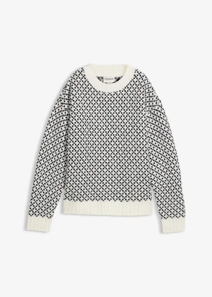 Ciepły sweter z wełną. Czarne swetry klasyczne bonprix, prążkowane, bez kołnierzyka. Za 124,99 zł.