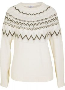 Sweter z płytkim dekoltem, w norweski wzór. Białe swetry klasyczne bonprix, bez kołnierzyka. Za 79,99 zł.