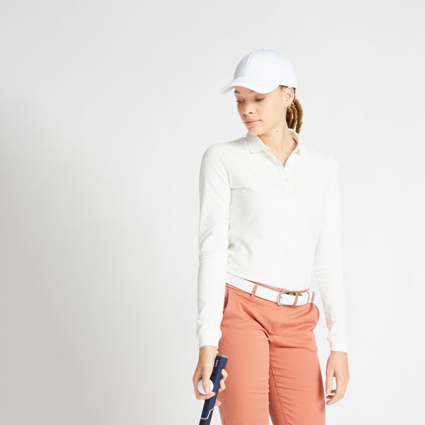 Koszulka do golfa polo z długim rękawem damska MW500. Białe bluzki INESIS, m, bez wzorów, z bawełny, sportowe, bez kołnierzyka, bez ramiączek. Za 69,99 zł.