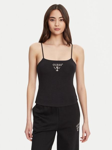 Guess Top V5RP08 KCOA2 Czarny Regular Fit. Czarne topy Guess, xl, z aplikacjami, z wiskozy, bez kołnierzyka, bez ramiączek. Za 129,99 zł.