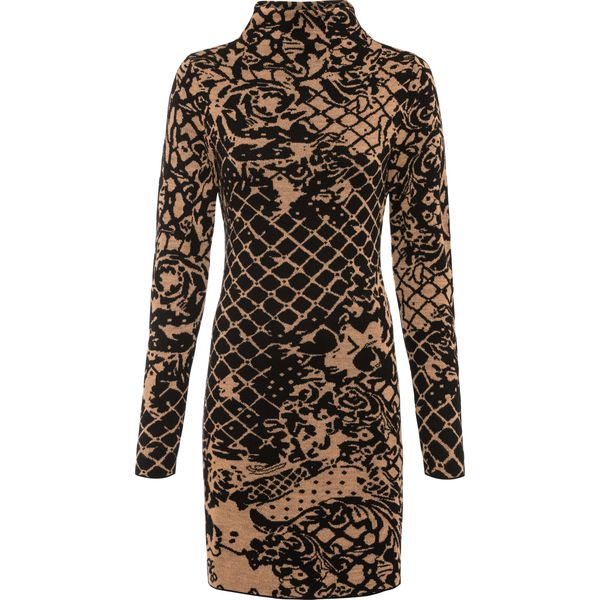 Dopasowana sukienka dzianinowa ze stójką. Brązowe sukienki bonprix, bez wzorów, z dzianiny, bez kołnierzyka, bez ramiączek, dopasowane. Za 169,99 zł.