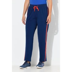 Damskie Spodnie dresowe paski po bokach sznurek ściągający proste nogawki. Niebieskie spodnie dresowe Ulla Popken, plus size, bez wzorów, z bawełny. W wyprzedaży za 111,99 zł.