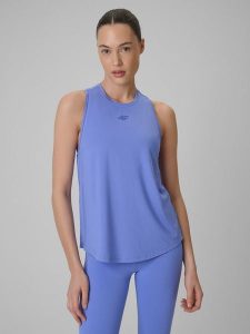 4F Top treningowy szybkoschnący damski - niebieski XL. Niebieskie topy 4f, xl, bez wzorów, z materiału, klasyczne, bez kołnierzyka, bez ramiączek. Za 79,99 zł.