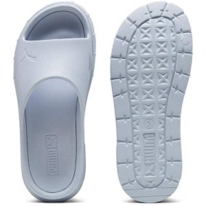 Klapki damskie Puma Mayze Stack Injex. Niebieskie klapki Puma, bez wzorów, z gumy, bez obcasa. Za 290,00 zł.