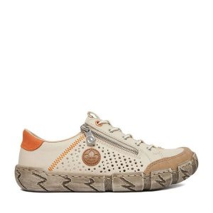 Półbuty Rieker. Brązowe półbuty Rieker, bez wzorów, bez obcasa, na płaskiej podeszwie, bez zapięcia. Za 369,99 zł.