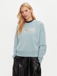Guess Bluza V4BQ03 KCHX0 Niebieski Regular Fit. Niebieskie bluzy Guess, s, z aplikacjami, z syntetyku, bez kaptura. Za 219,99 zł.