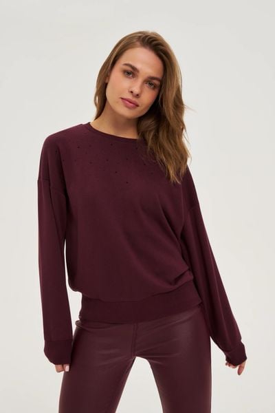 Bluza z dżetami burgundowa. Czerwone bluzy MOODO, l, bez wzorów, z bawełny, bez kaptura. Za 129,99 zł.