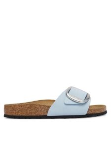 Birkenstock Klapki Madrid Big Buckle 1031798 Błękitny. Niebieskie klapki Birkenstock, bez wzorów, z nubiku, bez obcasa. Za 485,99 zł.