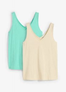 Tank top z czystej bawełny organicznej (2 szt.). Zielone topy bonprix, bez wzorów, z bawełny, bez kołnierzyka, bez ramiączek. Za 37,98 zł.