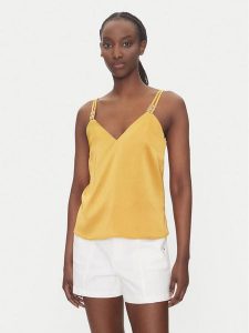 Morgan Top 242-OLAFI Żółty Slim Fit. Żółte topy Morgan, bez wzorów, z syntetyku, bez kołnierzyka, bez ramiączek. Za 119,99 zł.
