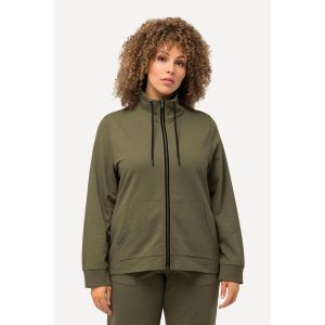 Damskie Bluza rozpinana stójka kieszeń kangurka dłuższy tył. Zielone bluzy Ulla Popken, plus size, bez wzorów, z bawełny, bez kaptura. W wyprzedaży za 191,99 zł.