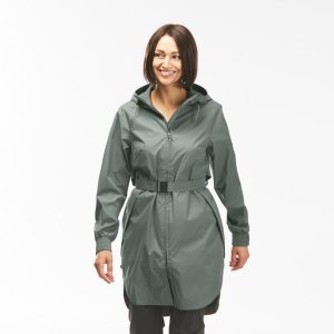 Kurtka turystyczna damska Quechua Raincut Long wodoodporna. Brązowe kurtki QUECHUA, m, bez wzorów, bez kaptura. Za 129,99 zł.