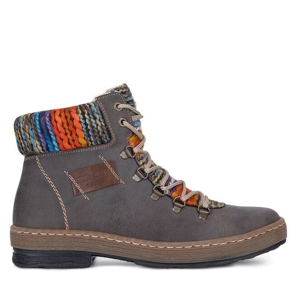 Trzewiki Rieker. Szare botki Rieker, bez wzorów, bez obcasa, na płaskiej podeszwie, bez zapięcia. Za 258,99 zł.