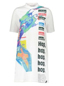 Adidas Sukienka "Collective Memories" w kolorze białym ze wzorem rozmiar: 32. Białe sukienki ADIDAS, na co dzień, bez wzorów, z materiału, bez kołnierzyka, bez ramiączek, midi, proste. Za 170,87 zł.