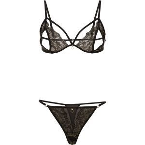 Biustonosz z trójkątnymi miseczkami "ouvert" + stringi (2 części) bonprix czarno-złoty. Komplety bielizny marki bonprix. Za 49,99 zł.