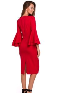 Sukienka na wesele elegancka midi z bufiastymi rękawami czerwona. Czerwone sukienki Makover, na wesele, l, bez wzorów, eleganckie, bez kołnierzyka, bez ramiączek, midi, dopasowane. Za 289,00 zł.