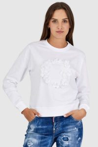 GUESS Biała bluza damska z literką g obszytą płatkami. Białe bluzy Guess, s, z aplikacjami, z bawełny, bez kaptura. W wyprzedaży za 249,99 zł.