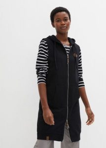 Długa kamizelka dresowa z kapturem, z mieszanki bawełny. Czarne kamizelki bonprix, bez wzorów, z bawełny, bez kołnierzyka, bez ramiączek, z kapturem. Za 147,99 zł.