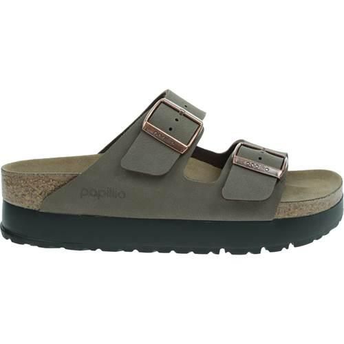 Klapki damskie Birkenstock Papillio Arizona Flex Platform. Zielone klapki Birkenstock, bez wzorów, z gumy, bez obcasa. Za 439,00 zł.
