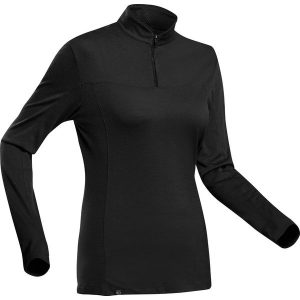 Koszulka trekkingowa damska z długim rękawem MT 500 merino. Czarne bluzki FORCLAZ, m, bez wzorów, z materiału, sportowe, bez kołnierzyka, bez ramiączek. Za 229,99 zł.