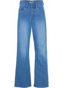 Dżinsy ze stretchem Straight, high waist. Niebieskie jeansy bonprix, bez wzorów, z jeansu, z podwyższonym stanem. Za 99,99 zł.