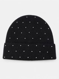 Prążkowana czapka beanie z ozdobną aplikacją cyrkonii - czarny. Czarne czapki Sinsay, z aplikacjami, prążkowane. Za 19,99 zł.
